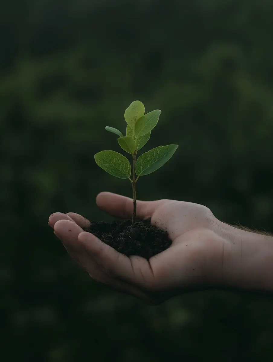 En hand som håller en liten grön planta med jord – symbol för hållbarhet och miljömedvetenhet